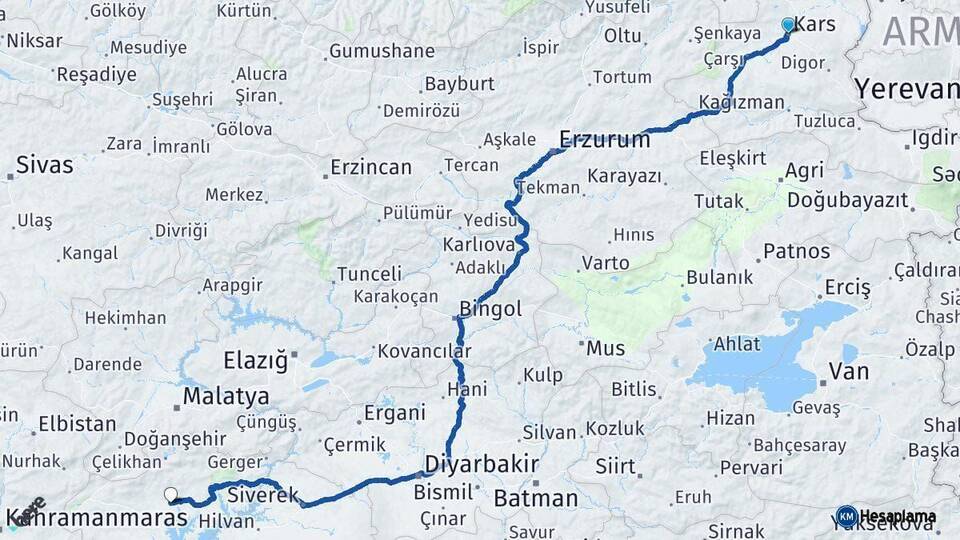 Kars Adıyaman Arası Kaç Km - Yol Haritası