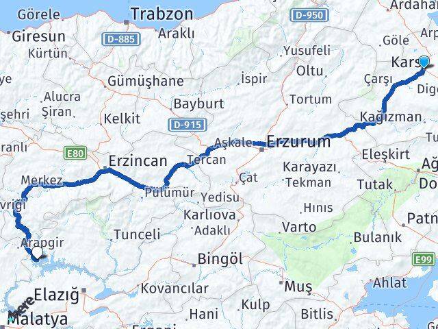 Kars Ağın Elazığ Arası Kaç Km - Yol Haritası