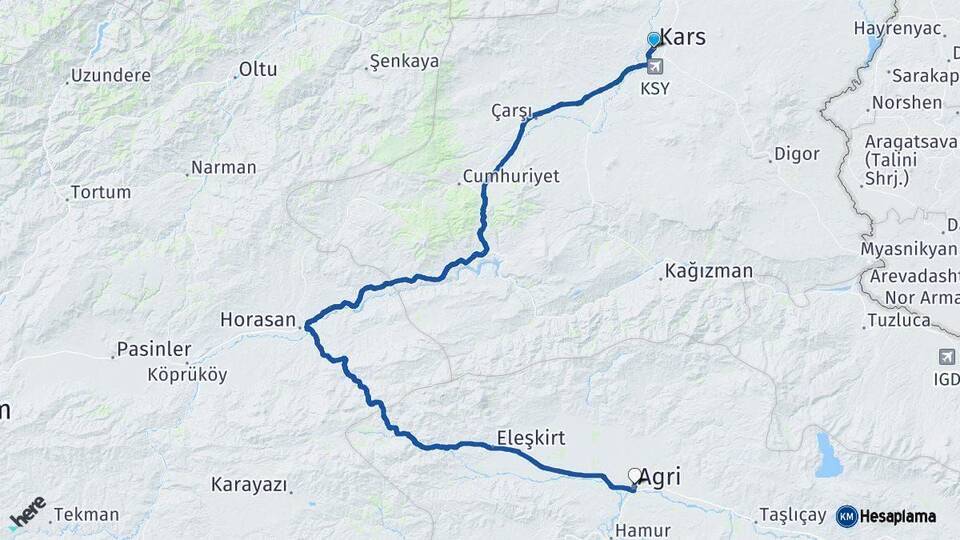 Kars Ağrı Arası Kaç Km - Yol Haritası