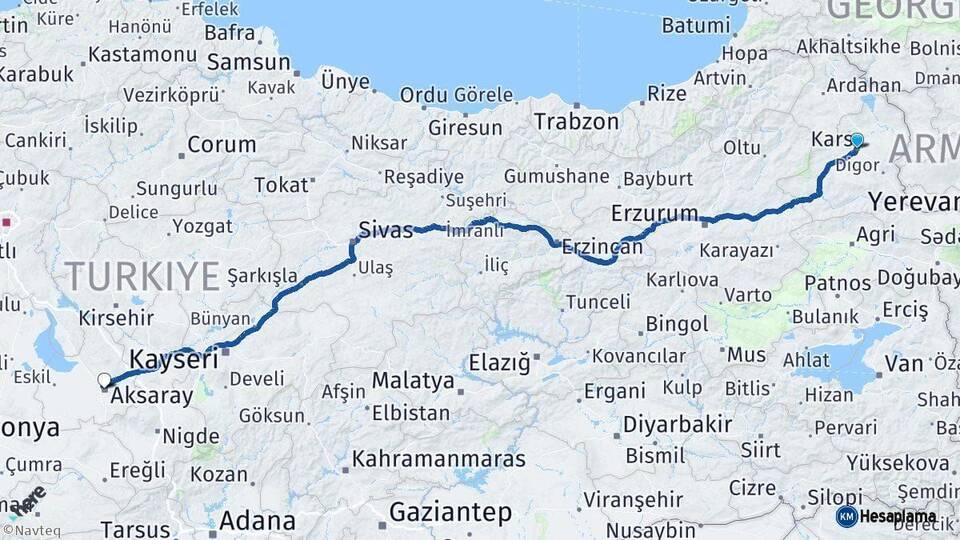 Kars Aksaray Arası Kaç Km - Yol Haritası