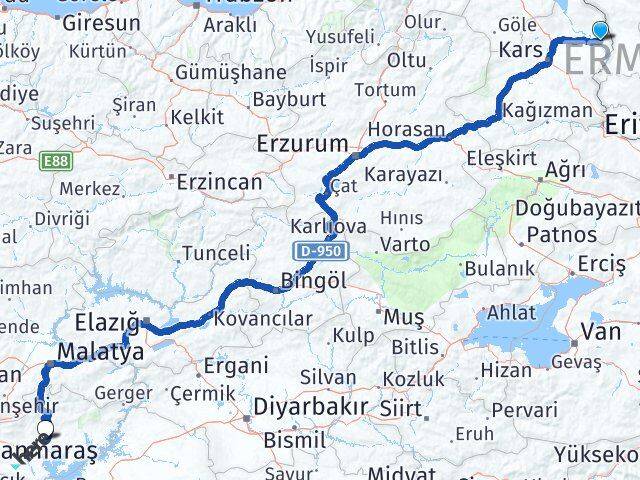 Kars Akyaka Adıyaman Arası Kaç Km - Yol Haritası