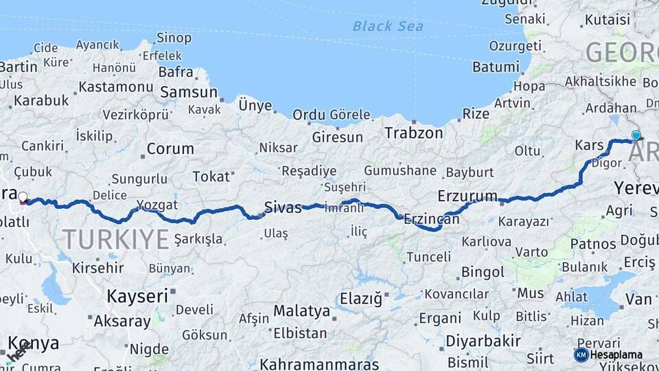 Kars Akyaka Ankara Arası Kaç Km - Yol Haritası