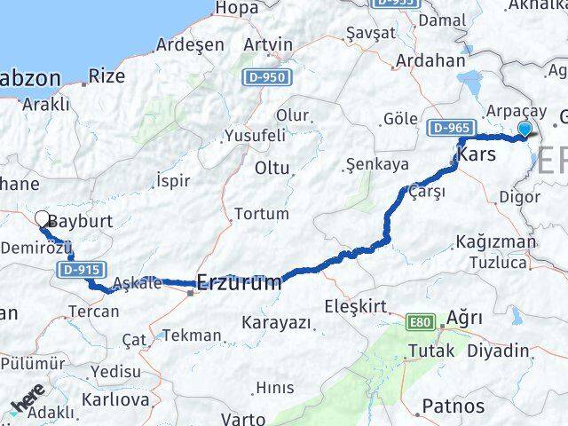 Kars Akyaka Bayburt Arası Kaç Km - Yol Haritası