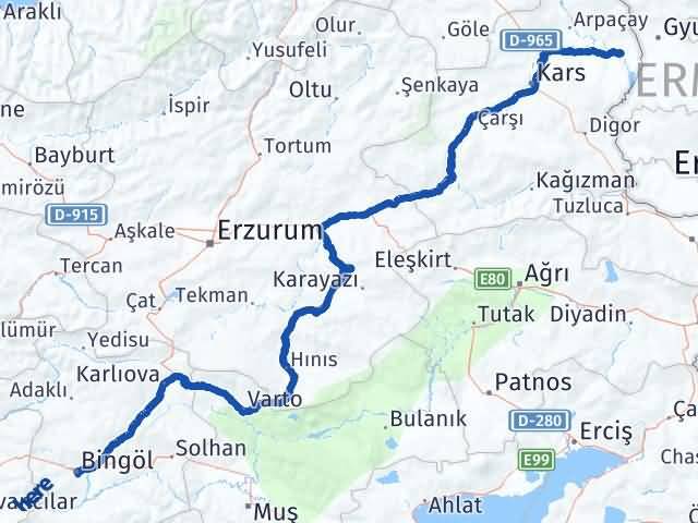 Kars Akyaka Bingöl Arası Kaç Km - Yol Haritası