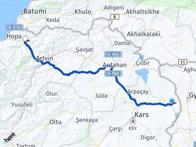Kars Akyaka Borçka Artvin Arası Kaç Km - Yol Haritası