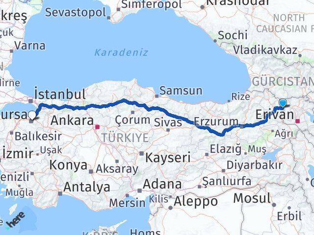 Kars Akyaka Bursa Arası Kaç Km - Yol Haritası