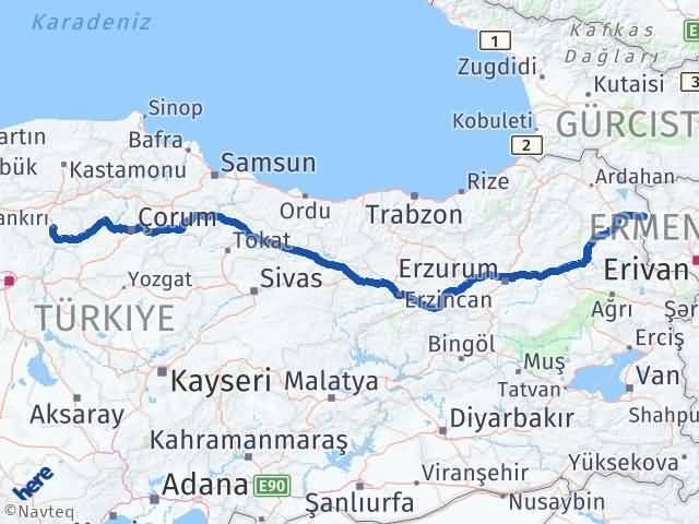 Kars Akyaka Çankırı Arası Kaç Km - Yol Haritası