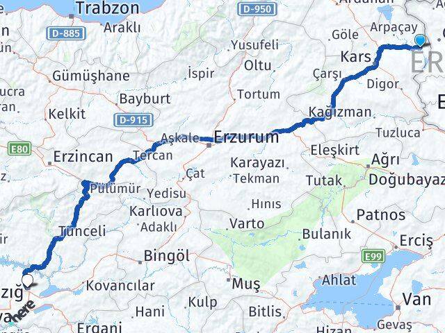 Kars Akyaka Elazığ Arası Kaç Km - Yol Haritası