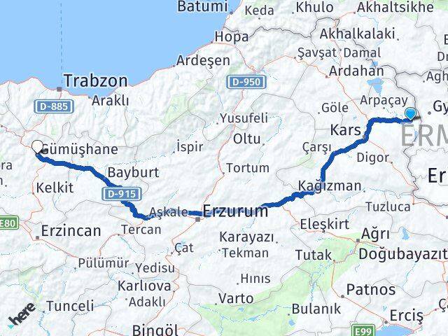 Kars Akyaka Gümüşhane Arası Kaç Km - Yol Haritası