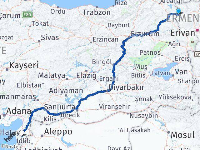 Kars Akyaka Hatay Arası Kaç Km - Yol Haritası