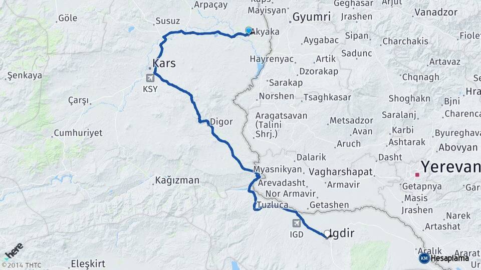 Kars Akyaka Iğdır Arası Kaç Km - Yol Haritası