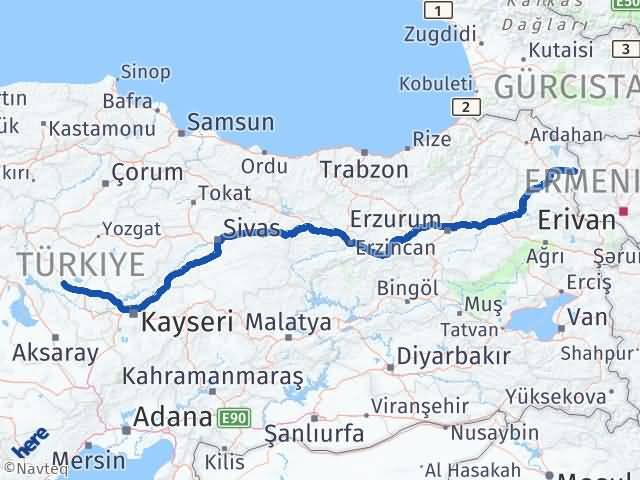 Kars Akyaka Kırşehir Arası Kaç Km - Yol Haritası