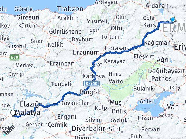 Kars Akyaka Malatya Arası Kaç Km - Yol Haritası