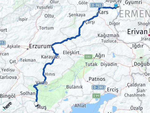 Kars Akyaka Muş Arası Kaç Km - Yol Haritası