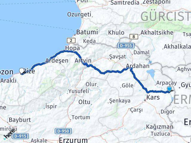 Kars Akyaka Rize Arası Kaç Km - Yol Haritası