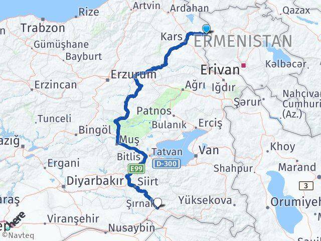 Kars Akyaka Şırnak Arası Kaç Km - Yol Haritası