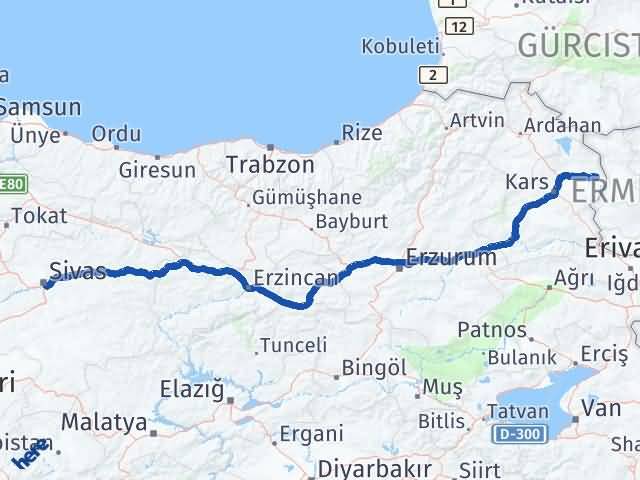 Kars Akyaka Sivas Arası Kaç Km - Yol Haritası