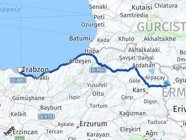 Kars Akyaka Trabzon Arası Kaç Km - Yol Haritası