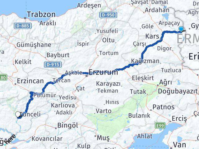 Kars Akyaka Tunceli Arası Kaç Km - Yol Haritası