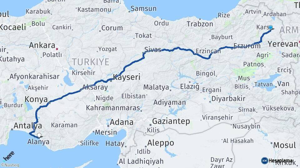 Kars Alanya Antalya Arası Kaç Km - Yol Haritası