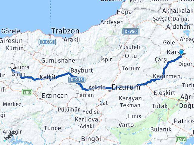 Kars Alucra Giresun Arası Kaç Km - Yol Haritası