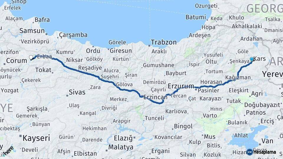 Kars Amasya Arası Kaç Km - Yol Haritası