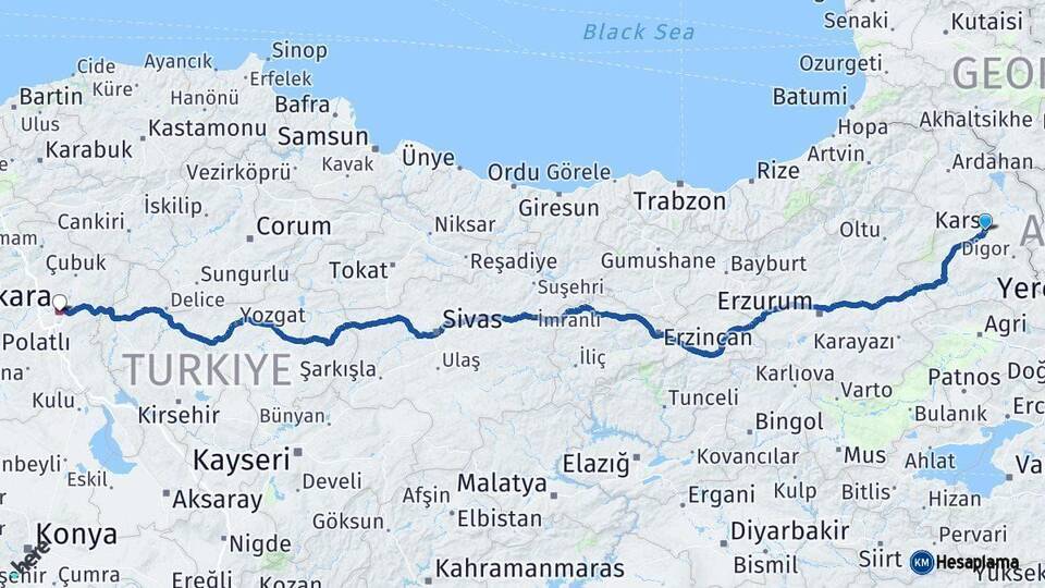 Kars Ankara Arası Kaç Km - Yol Haritası