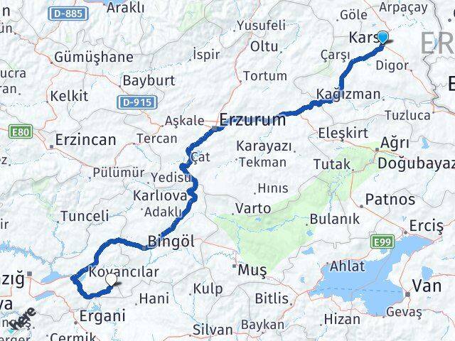 Kars Arıcak Elazığ Arası Kaç Km - Yol Haritası