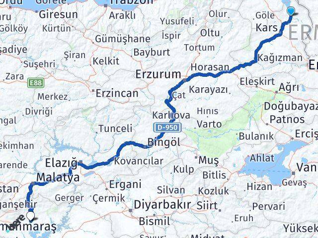 Kars Arpaçay Adıyaman Arası Kaç Km - Yol Haritası