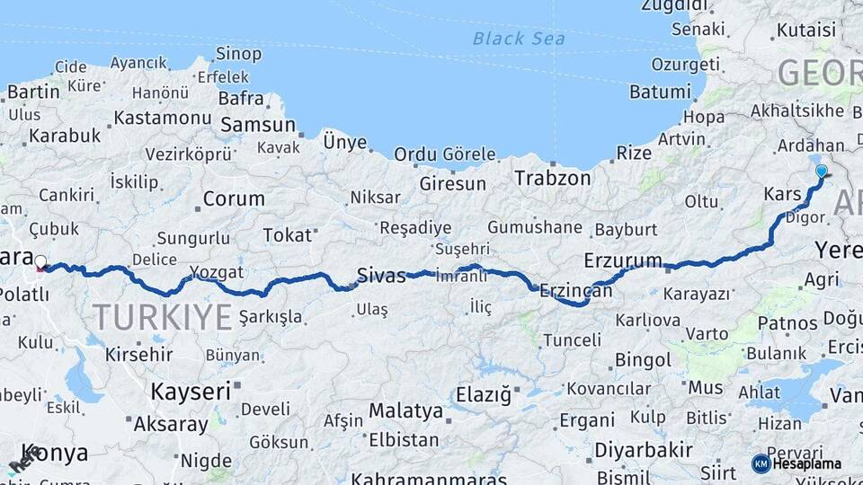 Kars Arpaçay Ankara Arası Kaç Km - Yol Haritası