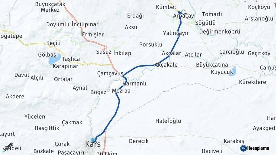 Kars Arpaçay Arası Kaç Km - Yol Haritası
