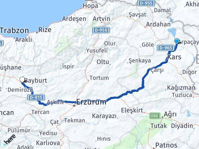 Kars Arpaçay Bayburt Arası Kaç Km - Yol Haritası