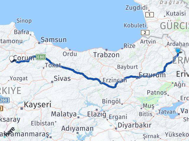 Kars Arpaçay Çorum Arası Kaç Km - Yol Haritası