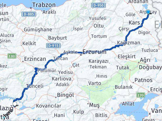 Kars Arpaçay Elazığ Arası Kaç Km - Yol Haritası