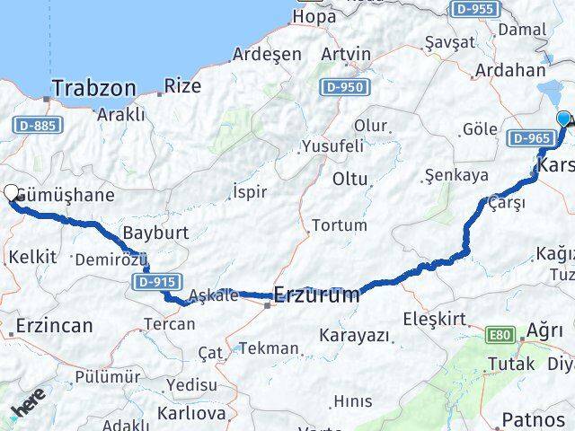 Kars Arpaçay Gümüşhane Arası Kaç Km - Yol Haritası