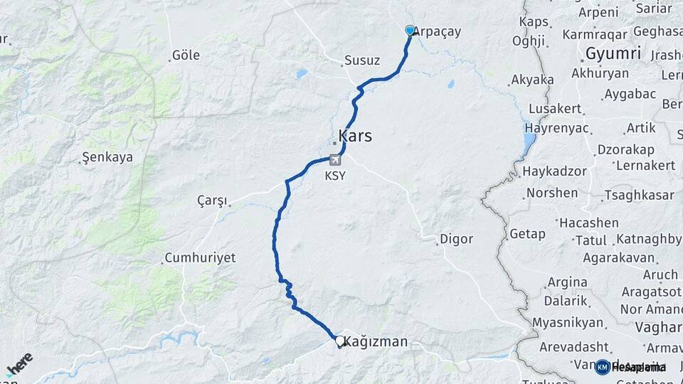 Kars Arpaçay Kağızman Arası Kaç Km - Yol Haritası