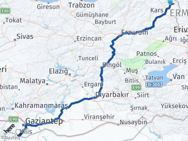 Kars Arpaçay Kilis Arası Kaç Km - Yol Haritası