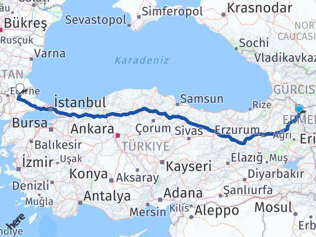 Kars Arpaçay Kırklareli Arası Kaç Km - Yol Haritası