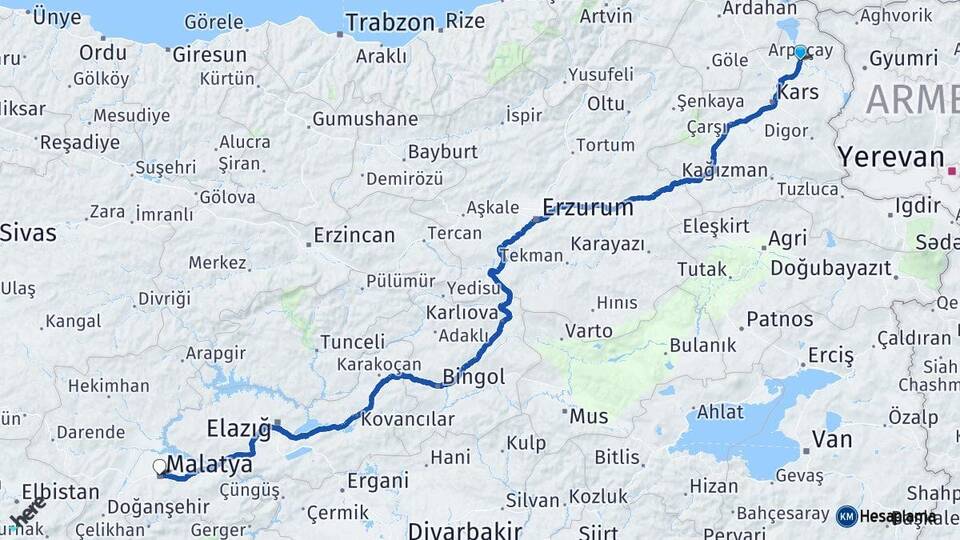 Kars Arpaçay Malatya Arası Kaç Km - Yol Haritası