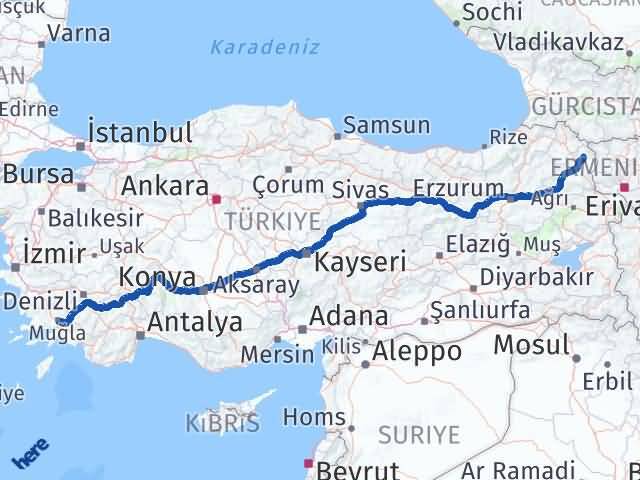 Kars Arpaçay Muğla Arası Kaç Km - Yol Haritası