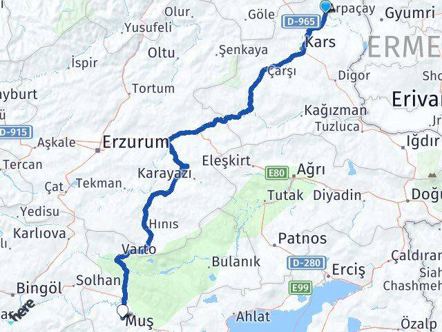 Kars Arpaçay Muş Arası Kaç Km - Yol Haritası