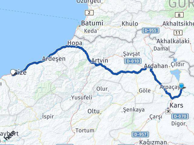 Kars Arpaçay Rize Arası Kaç Km - Yol Haritası