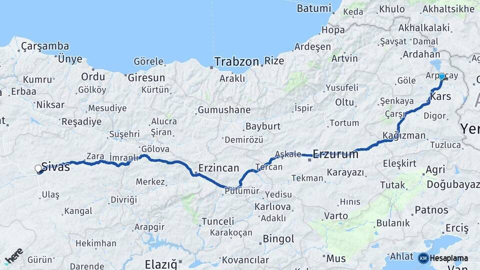 Kars Arpaçay Sivas Arası Kaç Km - Yol Haritası