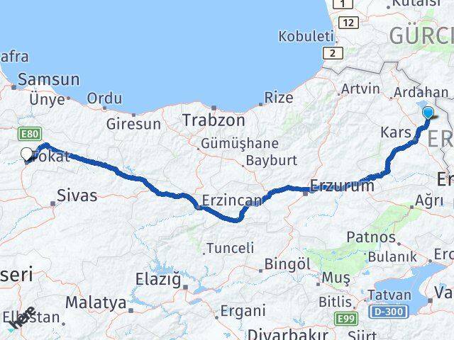 Kars Arpaçay Tokat Arası Kaç Km - Yol Haritası