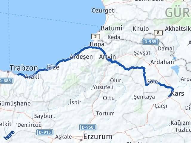 Kars Arsin Trabzon Arası Kaç Km - Yol Haritası