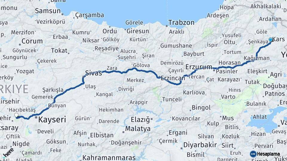 Kars Avanos Nevşehir Arası Kaç Km - Yol Haritası