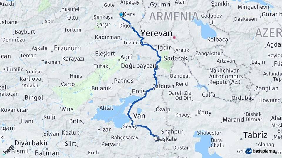 Kars Başkale Van Arası Kaç Km - Yol Haritası