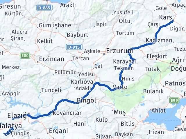 Kars Baskil Elazığ Arası Kaç Km - Yol Haritası