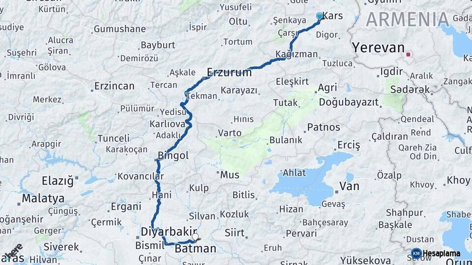 Kars Batman Arası Kaç Km - Yol Haritası