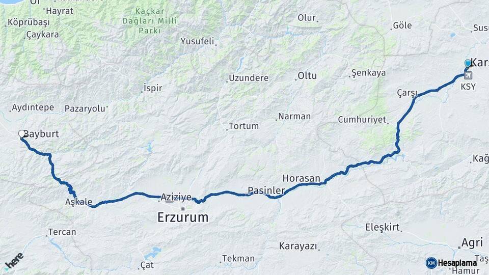 Kars Bayburt Arası Kaç Km - Yol Haritası